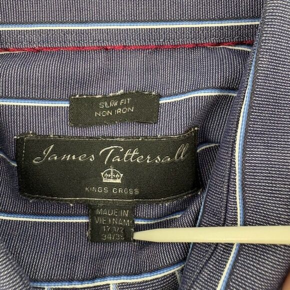 James Tattersall Button Down Shirt in Blue Stripe Slim Fit Non Iron 17.5 34/35 - Picture 4 of 4